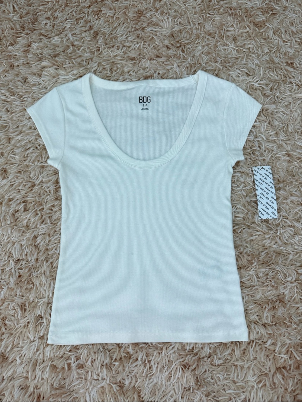 BDG Ribbed Scoop Neck Short Sleeve Top - Off-White